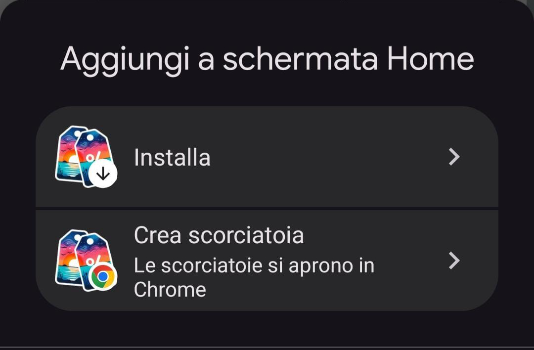 aggiungi a schermata home installa app